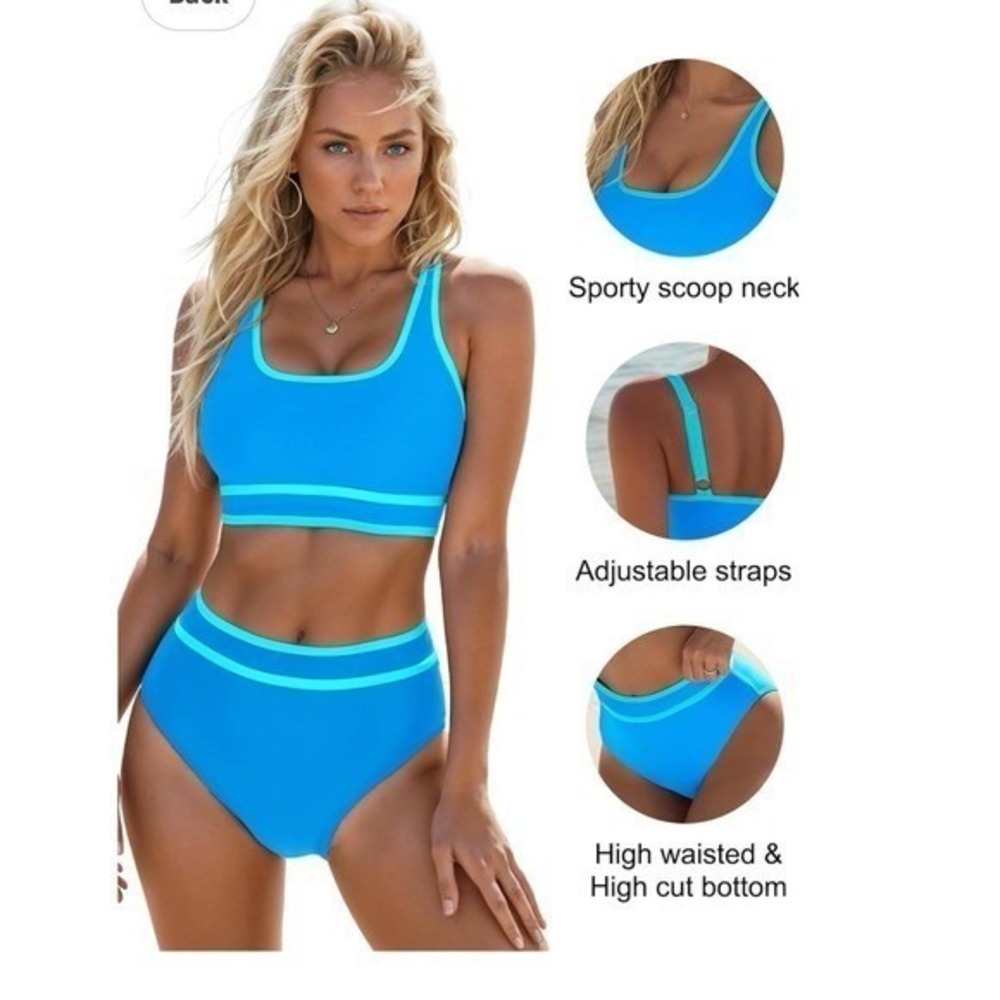 Blue Turquoise Sporty High Waisted Bikini Set Scoop Neck Two Piece Swimsuit S
